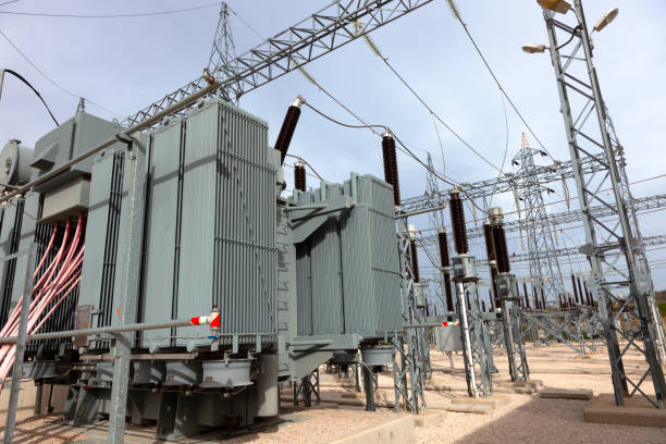 Electric power 3 Phase Transformer on blue sky background