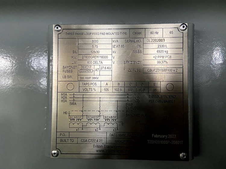 nameplate of 1000 kva Pad Mounted Transformer