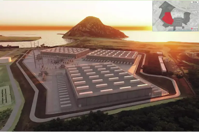 A mockup of the waterfront lithium battery storage facility that is proposed for the current site of the dormant power plant in Morro Bay, Calif